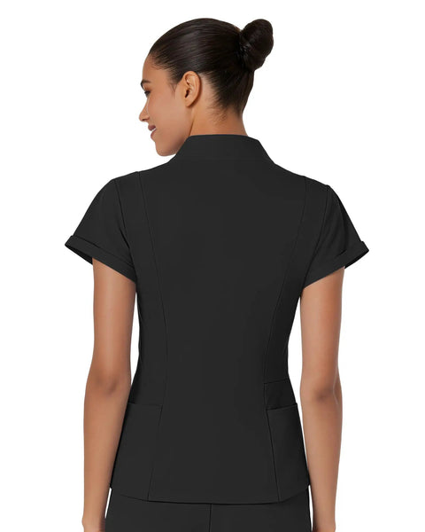 Back view of Women Slim Fit V Neck Mock Collar Scrub Top Soft Stretch Medical Uniform Nurse Shirt Super Comfy Hospital Workwear.