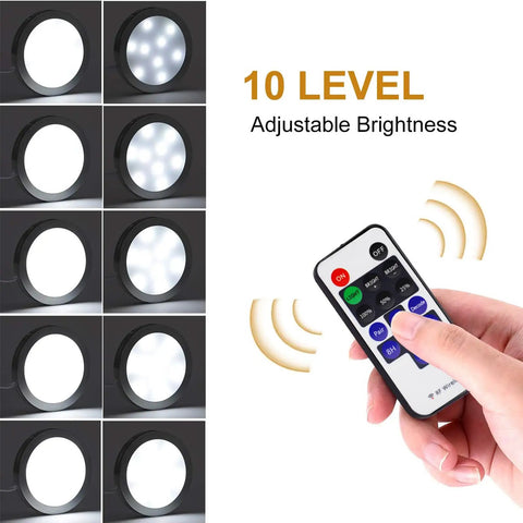 Linkable Under Cabinet LED Puck Lights 12V Slim Aluminum Dimmable Kit with 10-level wireless controller for brightness adjustment