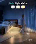 One Hand Fold Bed Rail For Seniors illuminated in adjustable light options beside bed with a person walking at night.