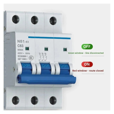 Heavy Duty Dual Protection Circuit Breaker With Integrated Overload And Short Circuit Safety Switch For Home And Workshop Panels, 3P design with ON/OFF indicators.