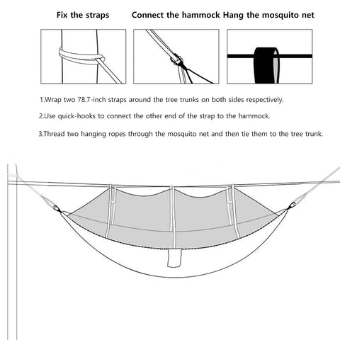 Diagram showing setup steps for Go-To Portable Camping Hammock With Mosquito Net For Outdoor Adventures, Lightweight And Compact Hammock Tent