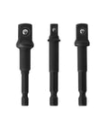 Three-piece Impact Grade Socket Adapter Set With Universal Fit For One Quarter Inch, Three Eighths Inch, And One Half Inch Drive Drills