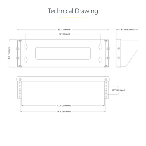 Technical drawing of Rock Solid One U Vertical Wall Mount Bracket Holds A Beefy 121 Lbs for 19 Inch Server Cases.