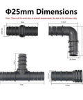 Water Connector Kit For Garden Drip Irrigation, 2 To 50 Pieces, 16mm 20mm 25mm PE Pipe Fittings, Straight 20mm Adapters, Hose Tubing Connectors, DIY Friendly Easy Install Durable Plastic Fittings For Micro Irrigation. Black 25mm elbow and tee fittings with尺寸