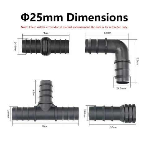 Water Connector Kit For Garden Drip Irrigation, 2 To 50 Pieces, 16mm 20mm 25mm PE Pipe Fittings, Straight 20mm Adapters, Hose Tubing Connectors, DIY Friendly Easy Install Durable Plastic Fittings For Micro Irrigation. Black 25mm elbow and tee fittings with尺寸