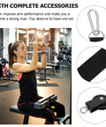 Woman using Pro Grade Gym Cable Pulley Attachment with nylon rope and lifting strap in home gym setting