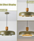 Mid Century Pendant Light 19 Inch Chandelier Featuring Bold Deep Green Shades Paired With Sleek Natural Wood And Polished Brass Accents A Legit Statement Fixture For Your Clean Modern Space - Light effect display with on and off views.