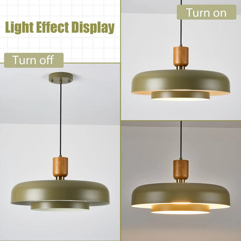 Mid Century Pendant Light 19 Inch Chandelier Featuring Bold Deep Green Shades Paired With Sleek Natural Wood And Polished Brass Accents A Legit Statement Fixture For Your Clean Modern Space - Light effect display with on and off views.