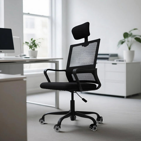 Heavy Duty 28 Inch Office Chair Base Replacement For Most Chairs 2400 Lbs Capacity Matte Black Metal Legs With Universal Casters Sockets installed on a swivel chair in an office setting.