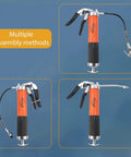Pro Grade Heavy Duty 9000 PSI Grease Gun Kit With Quick Release Coupler, Leak Proof 14oz Canister shown in multiple assembly methods.