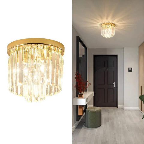 Modern Crystal Ceiling Light Chandelier 2-Tier Flush Mount Pendant In French Gold Finish With Sparkling K9 Crystals, 3-Light Fixture For Kitchen Island, Living Room, And Bedroom, Easy Install shining in hallway.