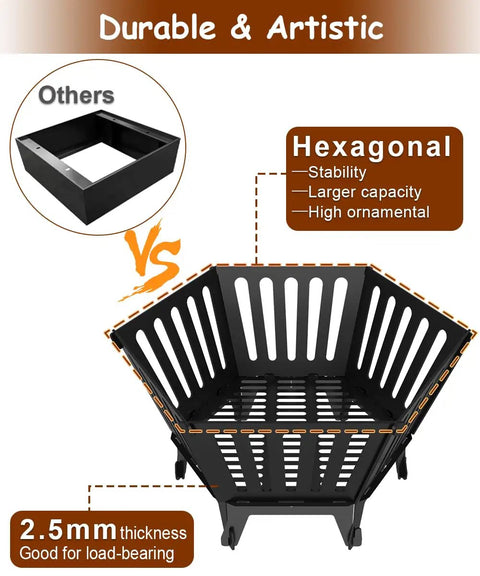 Comparison of hexagonal and square fire pits, highlighting features of the Hexagon 22.5 Inch Portable Fire Pit With Travel Bag.