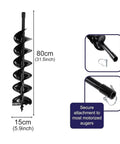 Diagram of 800mm Earth Auger Drill with bolt and adapter for spiral garden pile holes and excavation, fits power drills, 80x15 cm.