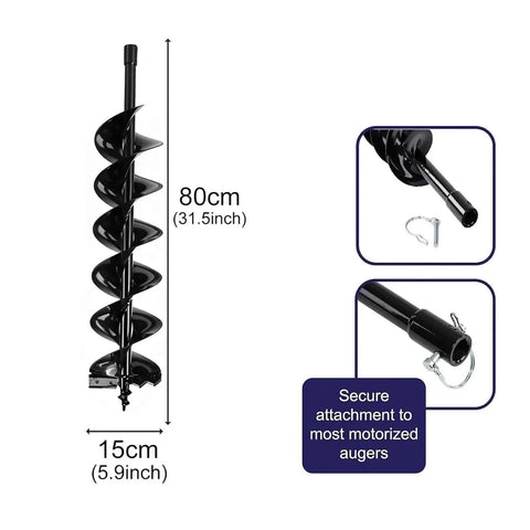 Diagram of 800mm Earth Auger Drill with bolt and adapter for spiral garden pile holes and excavation, fits power drills, 80x15 cm.
