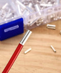 Close-up of a cable end with 650 Piece Wire Ferrule Kit With Tinned Copper Crimp Connectors Seven Sizes 0.5 0.75 1.0 1.5 2.5 4.0 6.0 mm2 Covers 22 to 18 AWG 16 to 14 AWG And 12 to 10 AWG Non Insulated Cable End Terminals High Conductivity Copper Ferrules For Safe Wiring