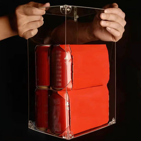 Hands holding clear acrylic box filled with red items, showcasing Dustproof Acrylic Display Box For Lego 75375 Airship Model, Clear See Through Display Case With Wooden Base, Dust Guard Storage Box For Collectibles, Pro Grade Display Solution For Safe, Showworthy Exhibit.