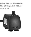Submersible Water Pump 105 GPH For Ponds Fish Tanks And Hydroponics, black compact design with label, 110 to 120V