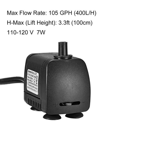 Submersible Water Pump 105 GPH For Ponds Fish Tanks And Hydroponics, black compact design with label, 110 to 120V