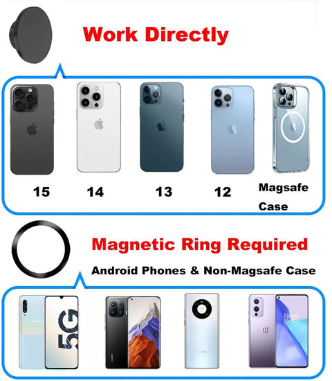 Image showing compatibility of MagSafe Car Phone Mount Base With 17mm Ball Socket And Ultra Strong N52 Magnets for MagSafe iPhones and others.