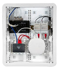 Five Inch Universal Mounting Plate With 1.5 Inch Elevation For Routers Modems And Network Hubs Inside Structured Wiring Panels White mounted with network equipment.