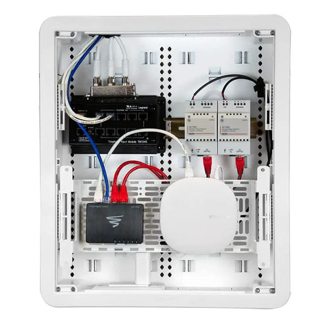 Five Inch Universal Mounting Plate With 1.5 Inch Elevation For Routers Modems And Network Hubs Inside Structured Wiring Panels White mounted with network equipment.