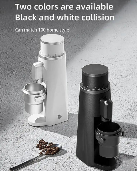 Compact Portable Electric Coffee Grinder Featuring A Kickass 48Mm Burr Mill With Stepless Adjustment For Beans Spices And Herbs Ultra Quiet Design For Grabbing Brews On The Road In Black, shown alongside white version.