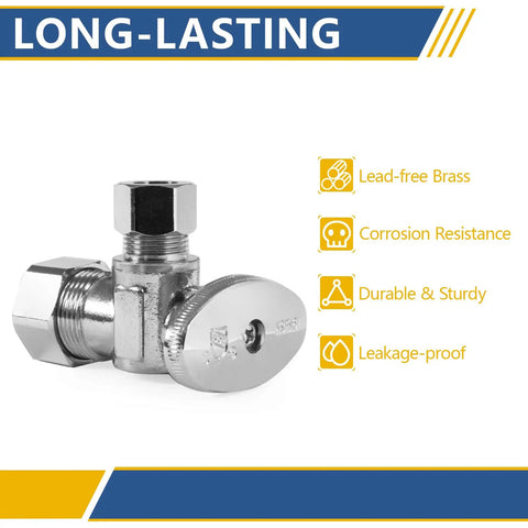 Angle Stop Valve One Quarter Turn Water Shut Off Valve, Twenty Pack, Lead Free Brass with Chrome Finish, compression fitting visible