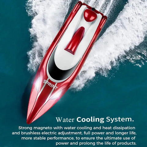 Top view of Beast Speed Remote Control Boat With Self Righting And LED Lights For Lakes And Rivers, red and white design
