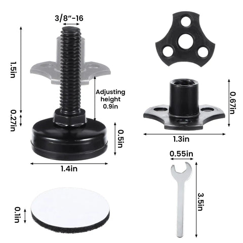 Badass Heavy Duty Furniture Levelers Adjustable Standard Threaded Feet With Steel T Nut Kit showing dimensions and components.