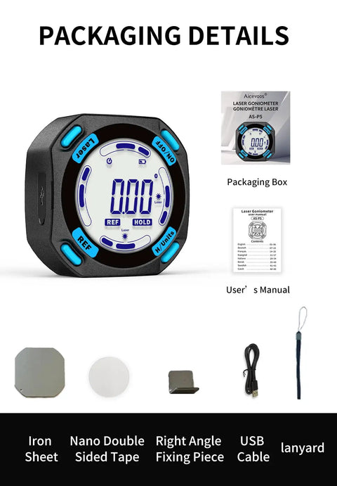Solid As A Rock Five Side Magnetic Digital Angle Finder With Built In Laser Level And Rechargeable Backlit Display For Table Saw Miter Woodworking Projects in packaging with user manual, USB cable, and accessories.