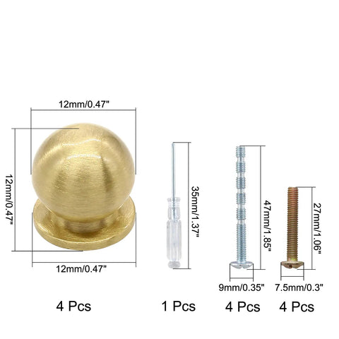 Set Of 4 Round Solid Brass Cabinet Knobs In Gold Finish Half Inch Diameter 12mm Includes Standard Screws And Screwdriver