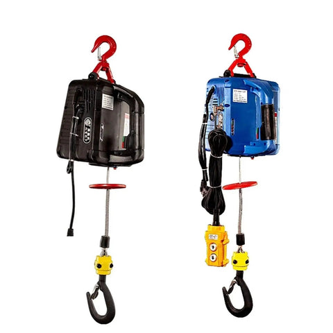 Professional Grade Electric Hoist With Portable Winch Design 500Kg Capacity Steel Wire Rope Lifter in black and blue.