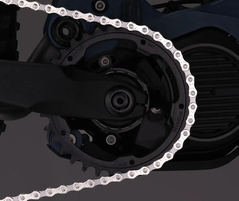 Gen4 Chain Ring 38T 52mm Black For Bosch Performance Line CX And Performance Line Speed MY2020 with KMC e-bike chain visible