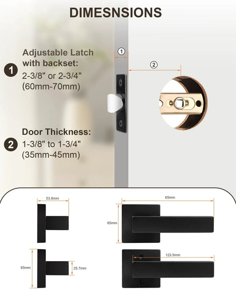 Dimensions of Straight Up Smooth Matte Black Passage Door Handles Two Pack Interior Closet Lever Hardware Non Locking Keyless Design for Hallways.