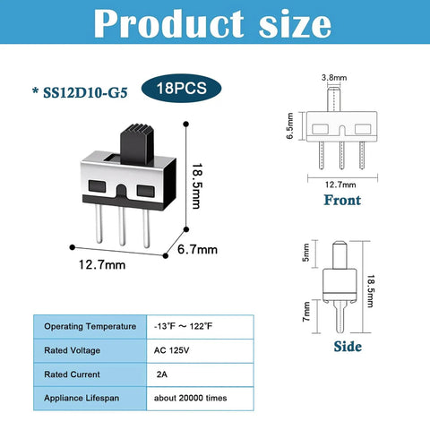 Mini Vertical Knob Slide Switches 18 Pack With Super Smooth Spdt Toggle Action showing dimensions and specifications for panel mount use.