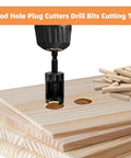 Heavy Duty Carbon Steel Wood Plug Cutter Drill Bit Set 8 Pack Hex Shank cutting through wood with round plugs.