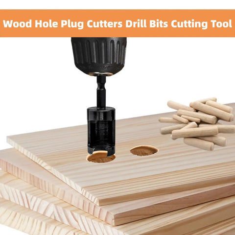 Heavy Duty Carbon Steel Wood Plug Cutter Drill Bit Set 8 Pack Hex Shank cutting through wood with round plugs.