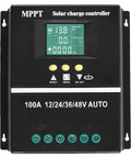 Front view of 100A MPPT Solar Charge Controller With LCD Display, Auto Detects 12V/24V/36V/48V, showing control buttons.