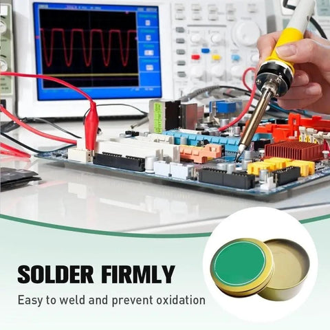 Low Temp Solder Flux Paste For Precision Electronics Repair No Clean Lead Free Liquid Solder Paste in use on a circuit board.