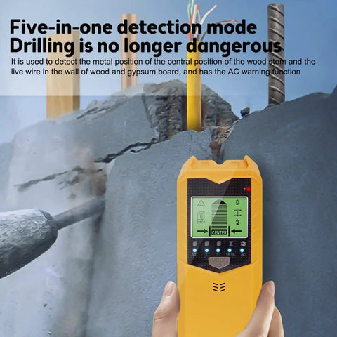 Heavy Duty 5 In 1 Electronic Stud Finder And Wall Scanner With Bright Lcd Display Along With Sharp Audio Alert For Dead Center Locate On Wood Frames Steel Pipes Live Ac Wiring Behind Drywall No Sweat Setup Contractor Pick Yellow