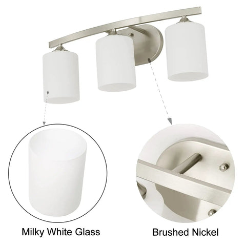 Three Light Vanity Light Fixture In Brushed Nickel With White Glass Shades For Bathroom Vanity Lighting 21 Inches Long E26 Base