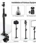 Two Pack Desk Mount Stands For DSLR Cameras And Lights With One Quarter Inch Ball Head installation guide with sample setups