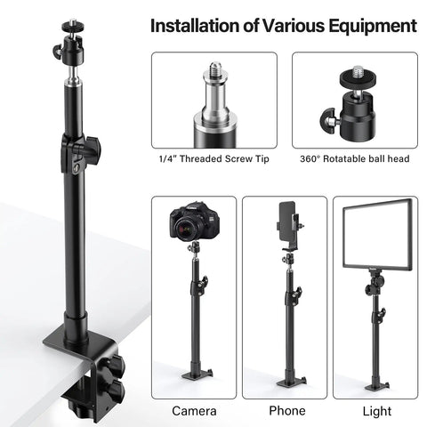 Two Pack Desk Mount Stands For DSLR Cameras And Lights With One Quarter Inch Ball Head installation guide with sample setups