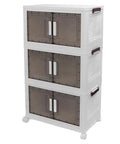 Super Sturdy Folding Storage Bins With Four Rollers For No Sweat Moving Quick Assembly Durable Plastic Bins in three-tier stack.