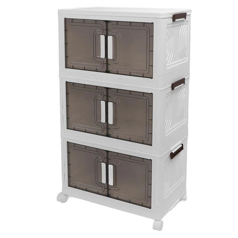 Super Sturdy Folding Storage Bins With Four Rollers For No Sweat Moving Quick Assembly Durable Plastic Bins in three-tier stack.