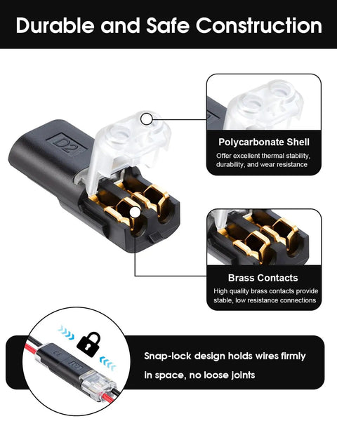 Image of 50 Pack Double Wire Connectors With Locking Buckle For 18 To 22 Awg Solderless Electrical Splices showing polycarbonate shell and brass contacts.