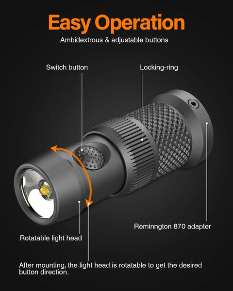 Mag Tube Cap Flashlight 500 Lumen End Mount For Remington 870 Shotgun with rotatable light head and switch button visible.