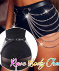 Edgy Punk Waist Chain Belt Black Leather Harness With Silver Layered Chains Snatching That Hip Curve Adjustable Fit worn with high-waisted shorts.