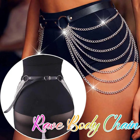 Edgy Punk Waist Chain Belt Black Leather Harness With Silver Layered Chains Snatching That Hip Curve Adjustable Fit worn with high-waisted shorts.