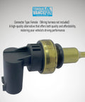 TorqueVance coolant temperature sensor, side view, black plastic connector and brass sensor stem with O-ring